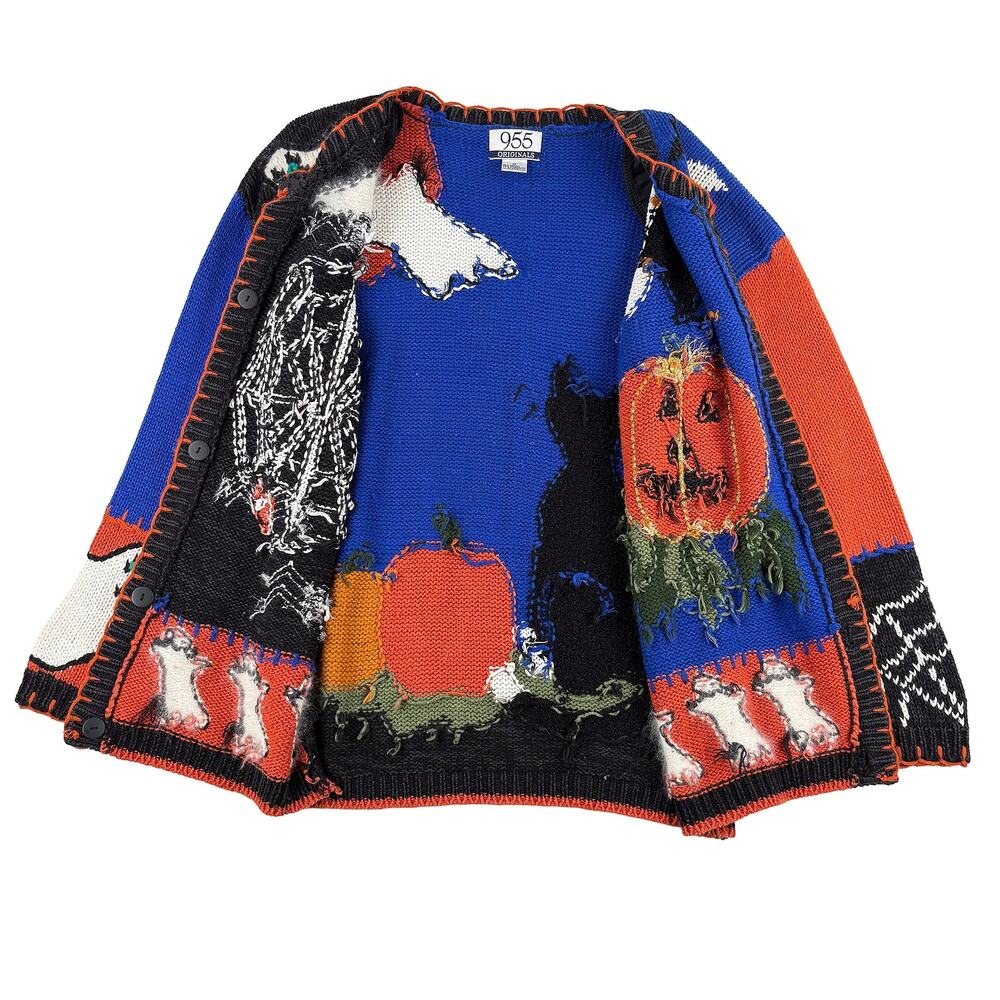 955 Originals VTG 90s Halloween Cardigan Sweater Women M Ghost Pumpkin Witch Cat - Picture 4 of 16